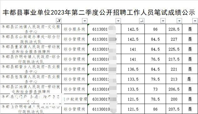 丰都县第一次公布的笔试成绩（来源：丰都县人民政府网站）