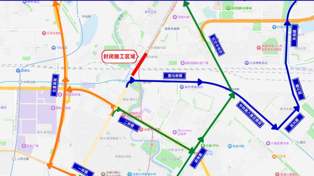 明起，经驷马桥下穿隧道出城需绕行