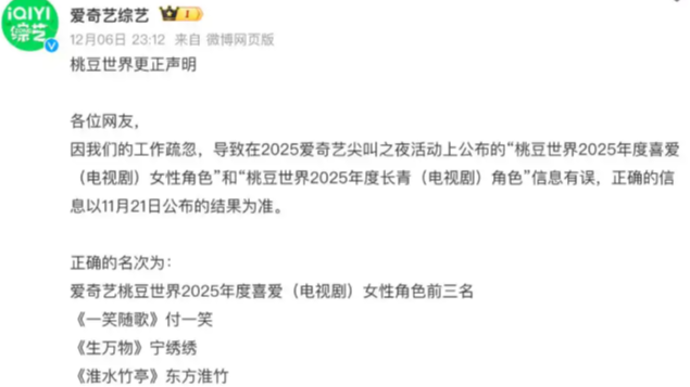 爱奇艺就“颁奖乌龙”致歉：系工作疏忽，以11月21日结果为准