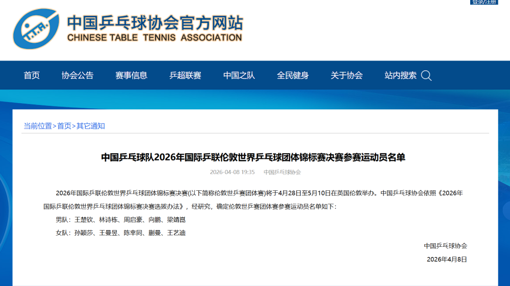 国乒公布伦敦世乒赛团体赛阵容 樊振东放弃参赛资格