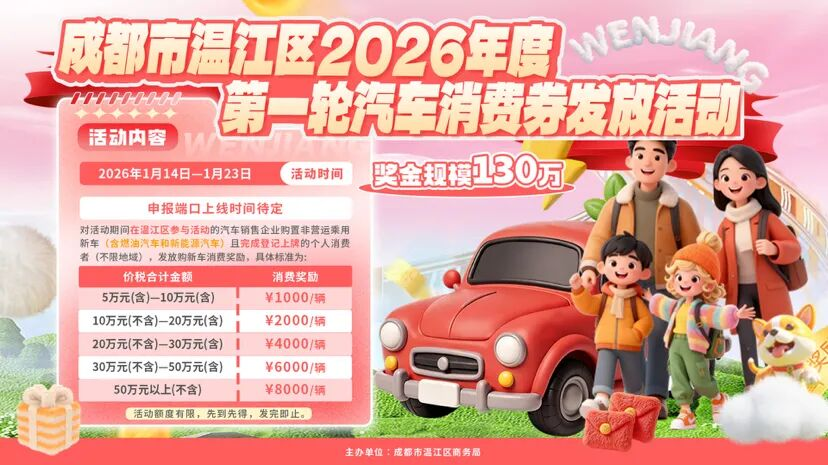 最高8000元！温江2026年第一轮汽车消费券发放活动明日开启